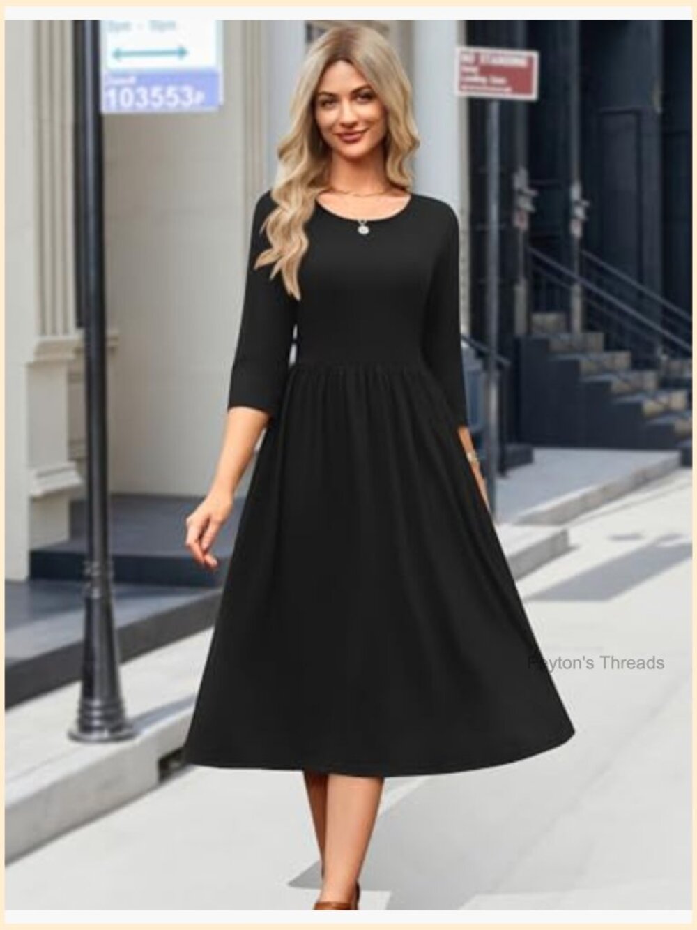 3/4 Sleeve Midi Dress with Pockets, Crewneck, A-Line Flowy Tshirt Dress, Soft - Picture 5 of 7
